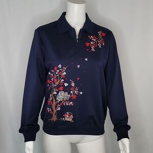 Alfred Dunner Blue Owl Embroidered Zip Collared Pullover